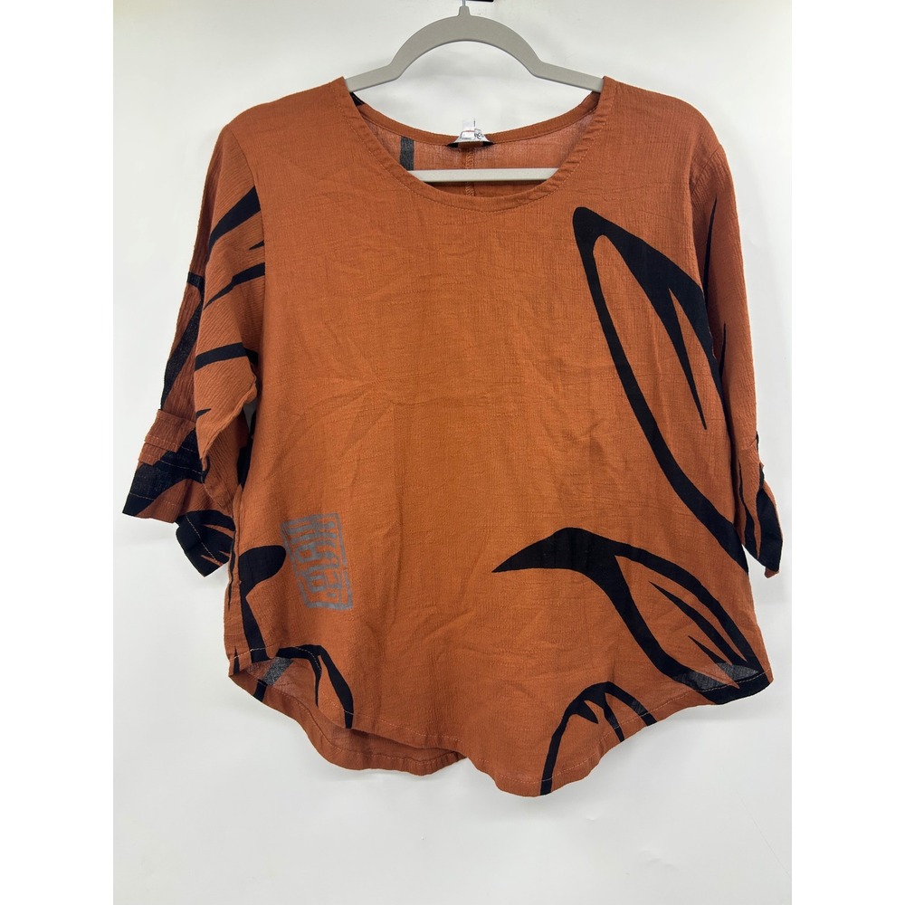 Yasuko Women Terracotta Orange Black Abstract Floral Cotton Gauze Top Size S/M